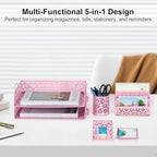 EasyPAG Desk Organizers and Accessories 5 Pieces Office Supplies Set - 2 Tier Paper Tray, Pencil Organizer for Desk, Mail Sorter Countertop, Business Card Holder and Sticky Note Holder, Pink - Image 2