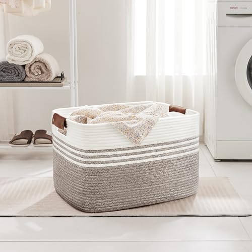 86L Woven Laundry Basket Hamper with Leather Handles,Dark Brown - Image 3