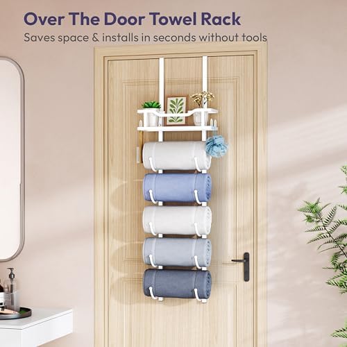 SWTYMIKI Over the Door Towel Rack - 6 Tier Towel Racks for Bathroom Wall Mounted, Towel Holder with Shelf, Hanging Rolled Towel Storage Organizer for Small Bathroom, Camper, RV, White - Image 2