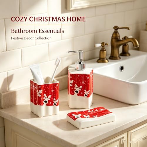 Christmas Reindeer Bathroom Accessories,3-Piece Ceramic Bathroom Accessory Set with Soap Dish, Dispenser, and Tumbler, Red - Image 6