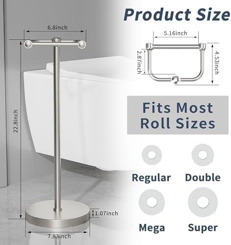 RARXTR Toilet Paper Holder Stand, Post Pivoting Design Free Standing Toilet Paper Holder, SUS304 Stainless Steel Toilet Paper Roll Holder, Heavy Stable Base (Brushed Nickel) - Image 6