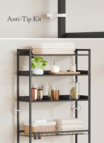 Quikraen 4 Tier Over The Toilet Storage Shelf with 3 Adjustable Shelves, Space Saver Bathroom Organizer with 4 Hooks, Freestanding Above Toilet Rack for Restroom Laundry (Black) - Image 7