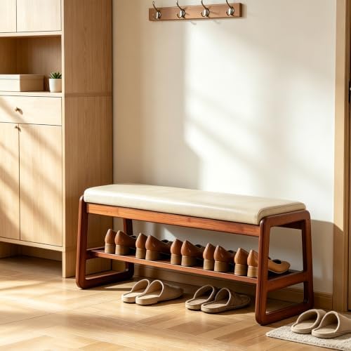 2-Tier Solid Wood Shoe Rack Bench for Entryway, Beige, 39.4inches - Image 5