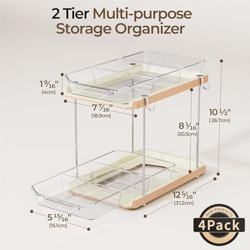 Delamu 2 Tier Under Sink Organizer Bathroom, Bathroom Cabinet Organizer with Snap-Lock Design and Hooks, Pull Out Storage with Movable Dividers, for Countertop, Kitchen and Pantry (White, 4 Pack) - Image 2