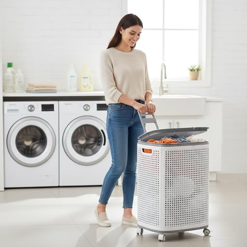 Sufdari 90L Laundry Basket with Wheels, Rolling Laundry Hamper with Lid and Handles, Plastic Rattan Clothes Organizer, Dirty Clothes Basket for Laundry Room, Bedroom, Dormitory Storage - Image 4