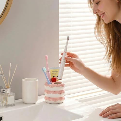 Donut Ceramic Toothbrush Holder, 5-Slot Toothbrush and Toothpaste Holder Cute Toothbrush Holder Set, Bathroom Storage Rack Suitable for Electric Toothbrushes, Toothpaste, Dental Floss (Pink) - Image 7