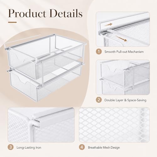 Double Layer White Closet Pull-Out Basket, Under Shelf Hanging Wire Mesh Drawer, Space-Saving Wardrobe Organizer for Socks, Underwear & Bras, 14.6 x 8.9 in - Image 4