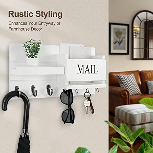 Lwenki Mail Organizer for Wall Mount – Key Holder with Shelf Includes Letter Holder and Hooks for Hallway Farmhouse Decor – Rustic Wood with Flush Mounting Hardware (16.5” x 9.1” x 3.4”) (White) - Image 5
