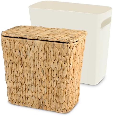 Wicker Trash Can with Lid and Liner, Handwoven Wicker Waste Basket, Water Hyacinth Bathroom Trash Can, Boho Rattan Garbage Wastebasket for Bedroom Home Living Room Office Kitchen, 2.5 Gallon by Unknown