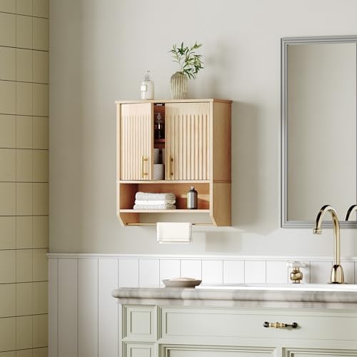 HOOBRO Narrow Bathroom Wall Cabinet with Towel Rack, Space Saving Medicine Cabinet for Small Spaces, Farmhouse Fluted Wall Storage Cabinet with Adjustable Shelf, Natural - Image 2