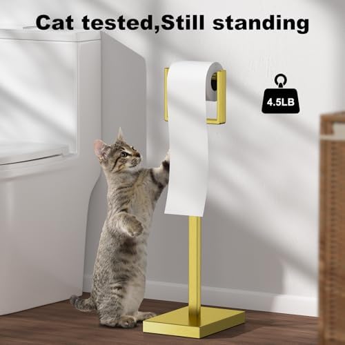 Brass Gold Toilet Paper Holder Stand，Stainless Steel Toilet Paper Holder Free Standing，Stable Weighted Base Floor Tissue Roll Holder for Bathroom，Modern Pivoting Toilet Paper Stand - Image 2
