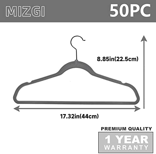 MIZGI Gray Velvet Hangers 50 Pack Non Slip Heavy Duty Black Hooks - Image 5
