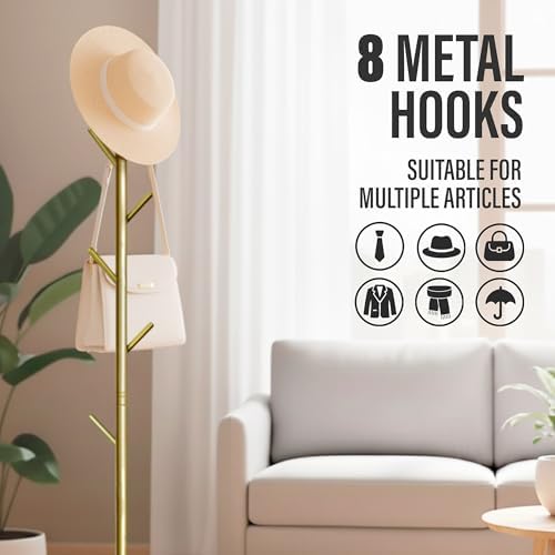 Coat Rack with Real Marble Base, Freestanding Metal Clothing Rack with 8 Hooks, Modern Hall Tree for Entryway, Bedroom & Office, Space Saving Coat Hanger Stand for Small Spaces (Gold) - Image 3