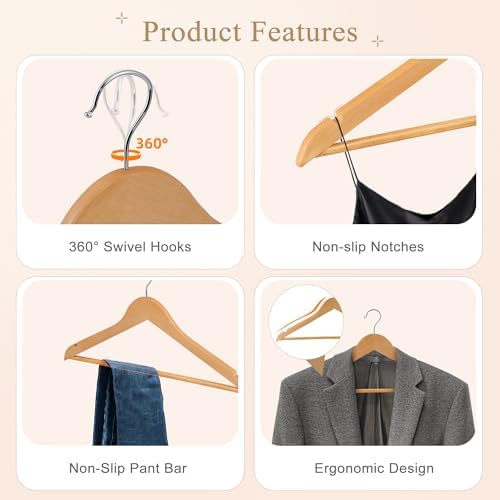 ZENY Wooden Hangers 50 Pack, Solid Wood Hanger with Non Slip Pant Bar - Image 5
