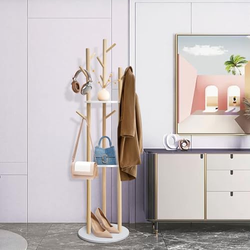 LIWSHWZ Solid Wood Coat Rack Freestanding,Coat Hanger Stand with 3 Shelves and 9 Hooks,Hall Tree for Bedroom, Entryway, Livingroom, Coat Hanger Stand for Coats, Scarves, Handbags - Image 6