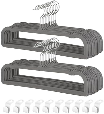 Velvet Pants Hangers with Non Slip Bar, 20 Pack Felt Slack/Trouser Hangers for Closet, Slim Space Saving Closet Perchas Terciopelo 360° Swivel Hook for Tank Top, Bra, Shorts, Jeans, Towel (Grey) by VSVstoage
