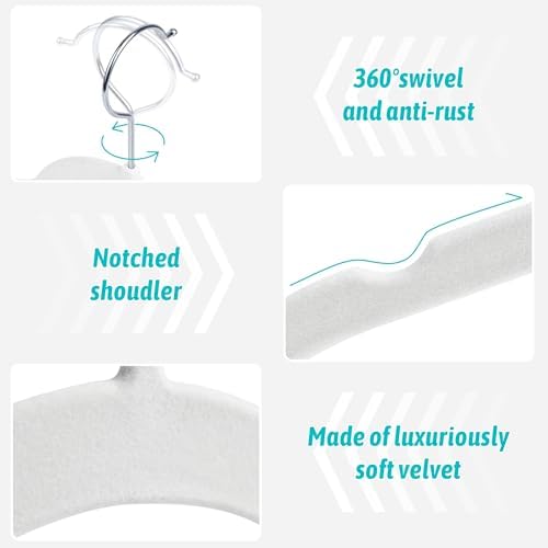 Sishynio Premium Velvet Shirt Hangers 30 Pack, Non-Slip 360° Swivel Hook Slim Felt Hanger, Space Saving Flocked Hangers for Tank Tops, Blouses, Strappy Dresses(White) - Image 2