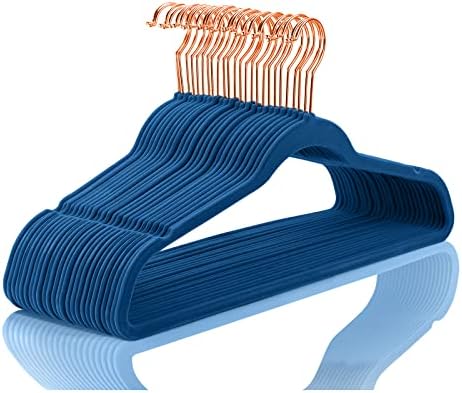 MIZGI Velvet Hangers 50 Pack Non Slip Mediterranean Blue Rose Gold Hooks by MIZGI