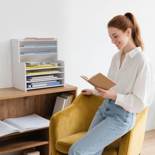 7 Tier White Desk Organizer for Office Organization, Wood Paper Organizer for Desk, Vertical Desktop File Folder Holder & Letter Tray, Aesthetic School Storage Orgnizer Shlef - Image 4
