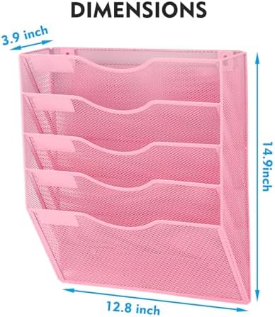 EASEPRES Magnetic 5 Pocket Mesh Hanging File Organizer, Wall Mounted Mail Paper Document Folder Holder, Clipboard Storage Organization Magazine Rack with Nametag Label for Office Home School, Pink - Image 3