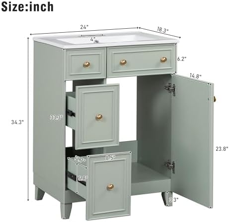 Harper & Bright Designs 24" Bathroom Vanity with Sink, Free Standing Single Basin Vanity Set with Two Drawers and One Door, Modern Solid Wood Bathroom Cabinet with Ceramic Basin for Bathroom, Green - Image 2