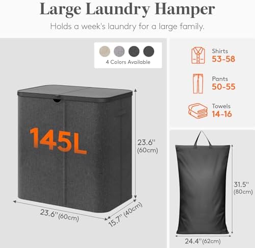 Lifewit 145L Large Laundry Basket with Lid, Laundry Hamper with Plastic Handles and Removable Bag, Foldable Tall Dirty Clothes Hampers for Laundry for Laundry Room, Bedroom, Bathroom, Dorm, Dark Gray - Image 2