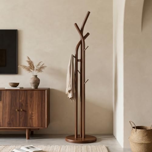 Solid Wood Coat Rack Freestanding Wood Coat Tree Rack with 9 Hooks, Creative Tree-Shaped Design, Standing Coat Rack Clothes Hanger Stand with Sturdy Base for Entryway, Bedroom - Load 300lb (Walnut) - Image 2