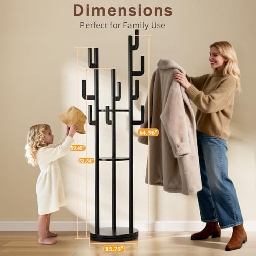 Yoobure Rotary Coat Rack Freestanding - Solid Wood Coat Tree with 9 hooks & 3 Storage Shelves for Purse, Bag, Jacket, Hat, Corner Hanger Stand Racks for Hall, Entryway, Office, Clothes Holder, Black - Image 3