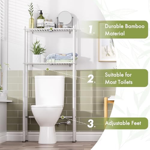 AmazerBath Bamboo Over The Toilet Storage Shelf, 2-Tier Over Toilet Bathroom Organizer Rack, Bathroom Shelves Over Toilet Space Saver, White - Image 4