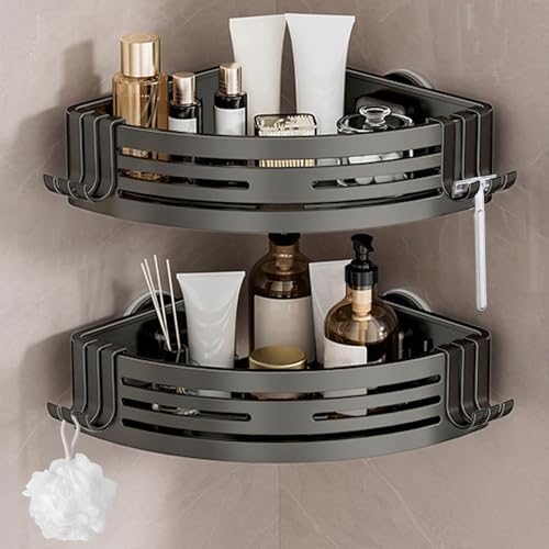 Lekesky Corner Shower Caddy Suction Cup, Corner Shower Shelf with Hooks, Bathroom Shelves No Drilling, Bathroom Organiser for Bathrooms Storage (Aluminum, 2-Pack, Gunmetal Grey) by LEKESKY