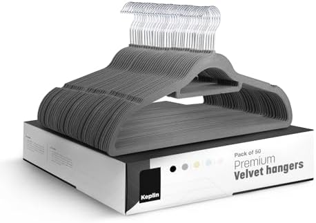 KEPLIN Grey Velvet Hangers 50 Pack - 18 inch, Thin Non Slip Hangers with Tie Bar and 360° Degree Hook for Home Storage – Sturdy & Space Saving Wardrobe Organizers for T-Shirts, Suits and Coats by KEPLIN