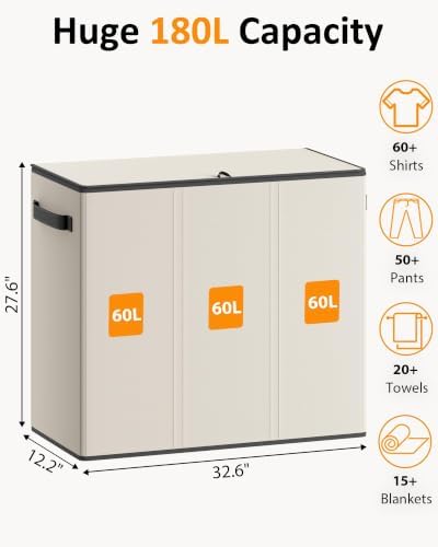 Optish 180L Laundry Hamper 3 Section, Large Hamper with Mesh Bags & Lid - Image 2