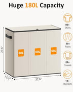 Optish 180L Laundry Hamper 3 Section, Large Hamper with Mesh Bags & Lid - Image 2