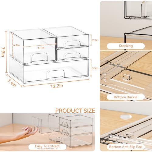 Yieach 4 Pack Clear Stackable Storage Drawers,Acrylic Drawer Organizer for Medicine,Palettes,Hair Accessories and Makeup Organizer,Plastic Drawers for Cabinet,Office,Desk,Bathroom Storage Containers - Image 3