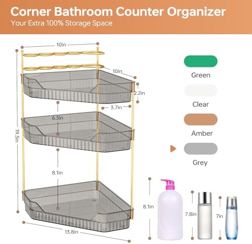 Corner Bathroom Counter Organizer with Makeup Brush Holder & Toothbrush Holders, Makeup Organizer for Vanity Countertop, Acrylic Skincare Storage Shelf (Grey, 3-Tier) - Image 2