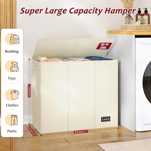 195L Laundry Hamper 3 Section,Large Laundry Hamper with Lid,Dirty Clothes Hamper with 3 Inner Bags,Collapsible Laundry Basket Organizer for Laundry Room,Bedroom,Laundry Sorter Hamper 3 Compartment - Image 2