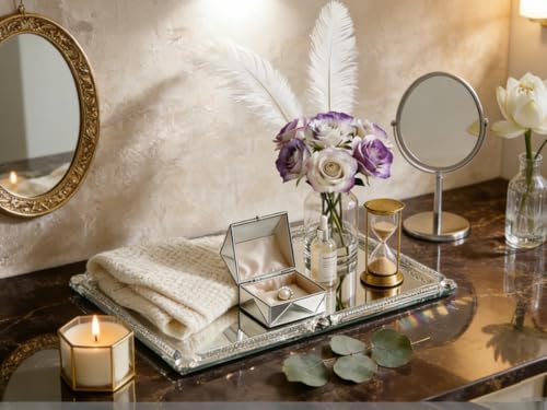 Large Glass Mirror Vanity Tray Silver Crushed Diamond Perfume Jewelry Decor - Image 5