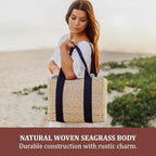 Picnic TIME Parisian Picnic Basket, Insulated Seagrass Picnic Basket, Waterproof, Stylish, Perfect for Picnics, Beach, Office Lunches, Dinner Parties, and Gifts (Beige with Navy Blue Accents) - Image 2