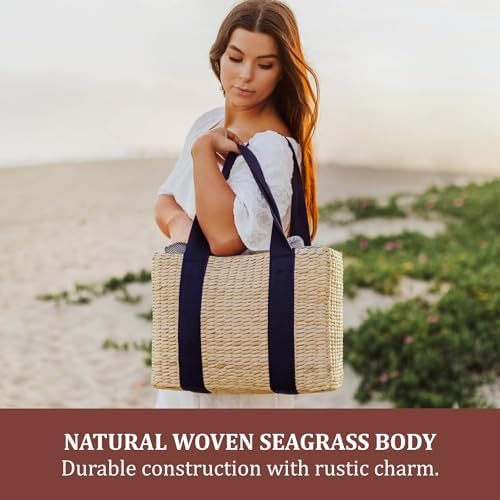 Picnic TIME Parisian Picnic Basket, Insulated Seagrass Picnic Basket, Waterproof, Stylish, Perfect for Picnics, Beach, Office Lunches, Dinner Parties, and Gifts (Beige with Navy Blue Accents) - Image 2