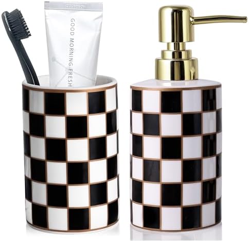 Bathroom Toothbrush Holder Set, Ceramic Checkered Soap Dispenser and Tooth Brush Holder Set, Modern Bathroom Accessories Sets Countertop, Black and White Checkered Bathroom Decor Set (Black) by XYQXYQ