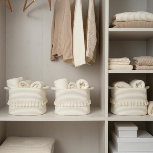 TeoKJ White Cotton Rope Baskets for Storage, Set of 3 Woven Clothes Basket for Organizing and Storage, Blanket Basket for Living Room Laundry Bathroom Shelves - Image 6