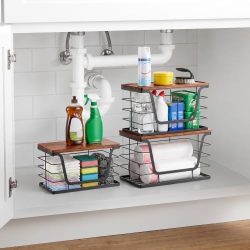 ALOCEO 3 Pack Stackable Storage Bins with Lids, Stainless Steel Trash Bag Dispenser Roll Holder for for Kitchen Sink, Laundry, Pantry Organizer and Storage, Walnut Black - Image 2