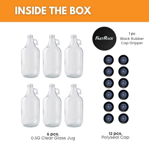 Fastrack 6-Pack Half-Gallon Glass Jug Set (64 oz) w/12 Polyseal Caps & Black Jar Gripper Pad – Multipurpose Half Gallon Jug, & Detergent Dispenser for Laundry, Glass Jar for Liquids, Water & Juice - Image 2