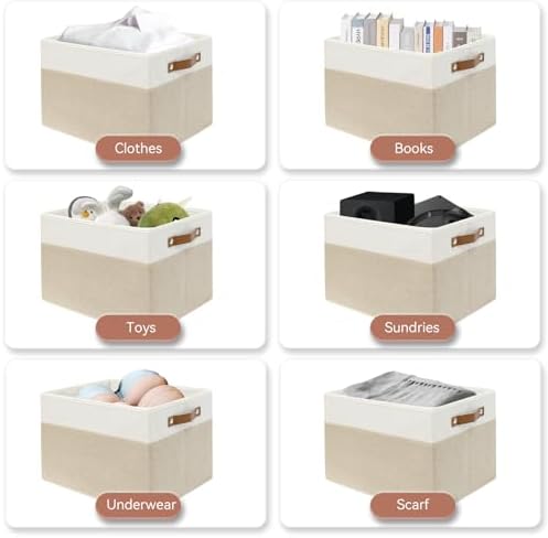 SNWDN 6 Pack Collapsible Fabric Storage Baskets with Handles (White/Beige 15''Lx10.2''Wx9''H) - Image 4