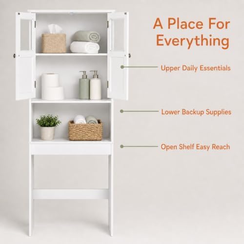 VINGLI Over The Toilet Storage Cabinet White Bathroom Storage Organizer Above the Toilet Shelf with Acrylic Glass Double Doors Wood Muebles para BañO Rack with Adjustable Shelf - Image 5
