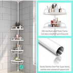 Shower Caddy Tension Pole with 4 ABS Baskets,Shower Storage Shelf with 56 to 125 Inch Adjustable Stainless Pole for Bathroom White - Image 4
