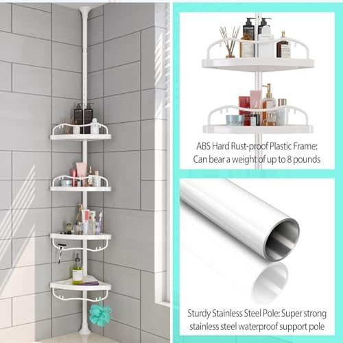 Shower Caddy Tension Pole with 4 ABS Baskets,Shower Storage Shelf with 56 to 125 Inch Adjustable Stainless Pole for Bathroom White - Image 4