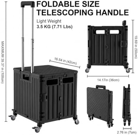 Folding Utility Cart Portable Rolling Crate Handcart Shopping Trolley Collapsible Tool Box, with Lid, Basket on 4 Rotating Wheels, for Grocery, Garden, Office, Storage, Teacher, Tool (Black) - Image 2