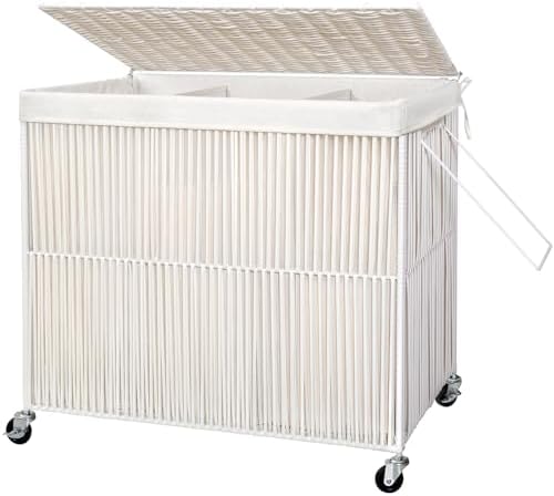 WOWLIVE Laundry Basket 3 Section, Handwoven Laundry Hamper with Wheels by WOWLIVE