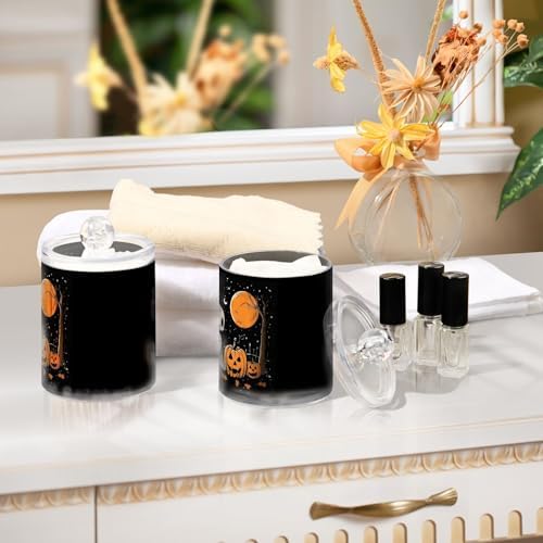 Fustylead 4 Pack Happy Halloween Skull Ghost Pumpkin on Black Background Plastic Apothecary Jar Set for Cotton Swab, Ball, Pad, Floss, Qtip Holder Dispensers for Bathroom Storage Organizer - Image 6